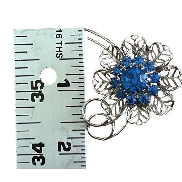 Vintage Silver Tone Blue Rhinestone Flower Brooch Pin - Picture 5 of 5